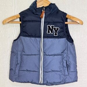 HM Boys NY Puffer Vest Navy Blue Heathered Denim Look Size 5T 6 Zip Up 1874